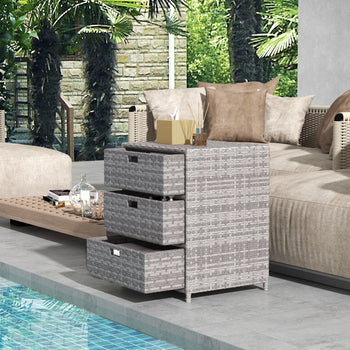 Patio PE Rattan Storage Cabinet, Wicker Pool Cabinet Organizer, Outdoor Towel Rack for Pool with 3 Drawers, Gray