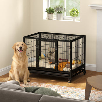 36" Heavy Duty Dog Crate with Removable Tray, Lockable Wheels and Double Door, for Medium and Large Dogs, Black