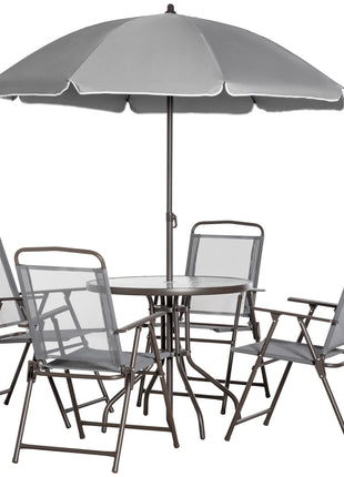 6 Piece Patio Dining Set for 4 with Umbrella, with 4 Folding Dining Chairs & Round Glass Table for Garden, Gray