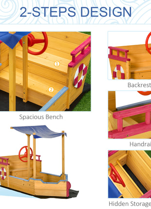 Kids Wooden Sandbox, w/ Canopy Bench Seat Storage Space, Aged 3-8 Years Old