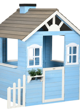 Wooden Playhouse for Kids Outdoor with Flower Pot Holders, Door, Windows, Service Stations for 3-7 Years, Blue