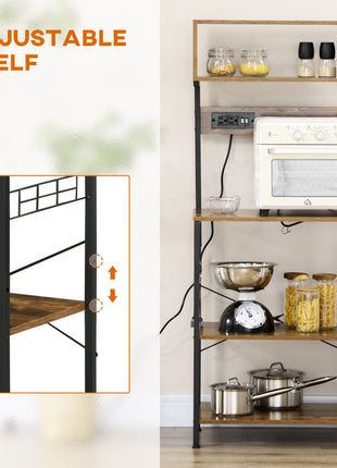 Kitchen Bakers Rack with Power Outlet, USB Charger, Microwave Stand, Coffee Bar with Adjustable Shelves, 5 Hooks for Spices, Pots and Pans, Rustic Brown