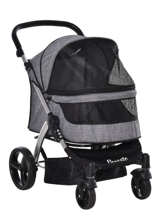 Pet Stroller Foldable Dog Cat Travel Carriage with Adjustable Handlebar PVC Wheel Brake Storage Bag Mesh Window Safety Leash Aluminum Grey