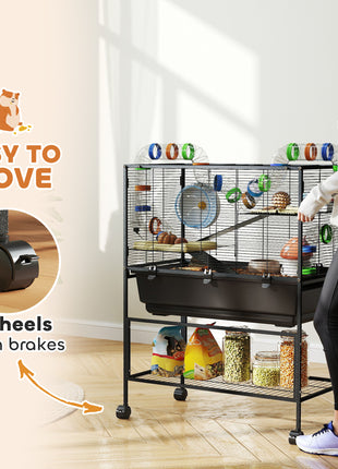 3 Tier Hamster Cage, Rolling Rat Cage with Deep Tray, Storage Shelf, Big Exercise Wheel, Hut, Tube System