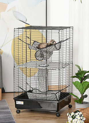 42" Ferret Cage, Small Animal Habitat Metal Pet Cage with Wheels Brakes, Hammocks, Hanging Tunnels, and 3 Doors, Black