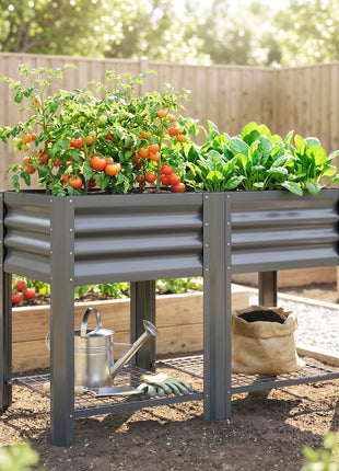 Raised Garden Bed Galvanized Steel, Elevated Planter Box with Storage Shelf, Bed Liner, 31.5" High, Dark Gray