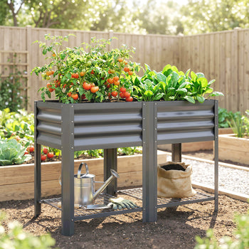 Raised Garden Bed Galvanized Steel, Elevated Planter Box with Storage Shelf, Bed Liner, 31.5" High, Dark Gray