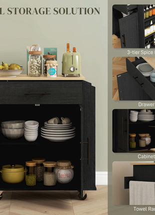 Rolling Island with Wheels for Kitchen, Kitchen Island on Rollers with Power Outlets, Drawer, and Doors, Black