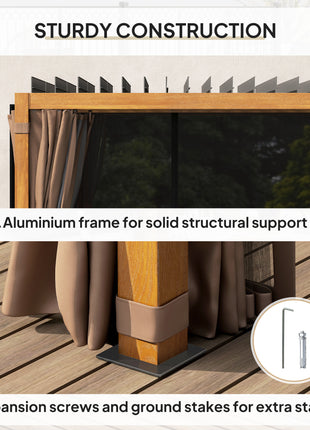 10' x 13' Outdoor Retractable Pergola w/ Sun Shade Louvered Top, Pergola w/ Canopy, Curtains, Netting, Natural Wood