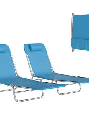 2 Piece Folding Chaise Lounge Chairs, Pool Sun Tanning Chairs with Reclining Back, Breathable Mesh Seat, Headrest for Beach, Yard, Patio, Blue