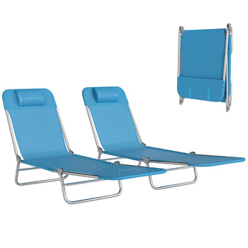 2 Piece Folding Chaise Lounge Chairs, Pool Sun Tanning Chairs with Reclining Back, Breathable Mesh Seat, Headrest for Beach, Yard, Patio, Blue