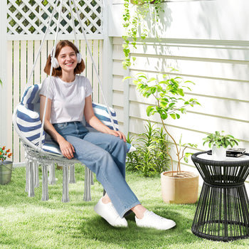 Hammock Swing Chair, Macrame Hanging Chair with Large Cushion, Chain, Steel Frame for Indoor Outdoor Use, Blue and White