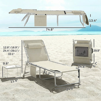 Tanning Chair Set of 2 with Face Hole and Side Table, 5-Position Folding Outdoor Chaise Lounge Chair, Beige
