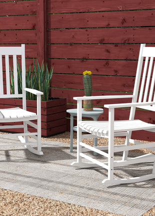 Wooden Rocking Chair Set, Curved Armrests, High Back, Slatted Seat Outdoor Rocker Set, White