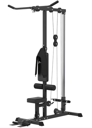 Lat Pull Down Machine, High / Low Pulley Machine with Adjustable Seat and Flip-Up Footplate, Black