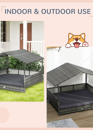 Outdoor Dog Bed with Canopy, Rattan Dog Bed with Soft Cushion Removable Cover for Medium and Large Dogs, Dark Gray