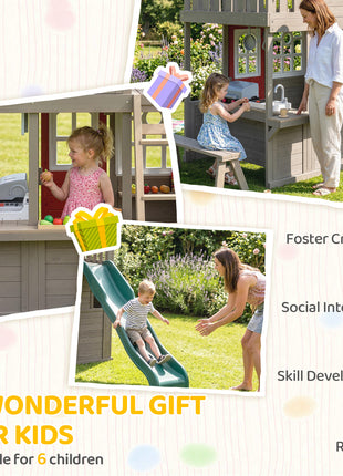 Two-Story Outdoor Playhouse, Wooden Kids Playhouse with Slide, Bench, BBQ Play Kitchen, Ladder, Lookout Platform, Clock