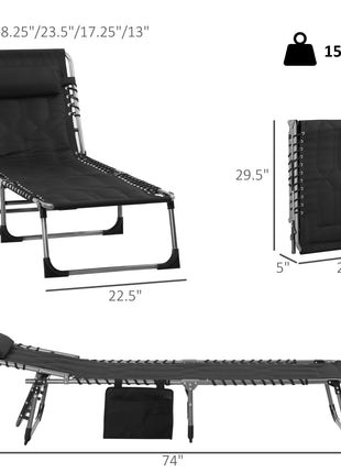 Padded Folding Chaise Lounge Chair, Outdoor 6-Level Reclining Camping Tanning Chair with Headrest for Beach, Yard, Patio, Pool, Black