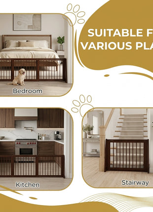 28"-75" Freestanding Wooden Pet Gate with Support Feet & Non-Slip Mats for Indoor, Stairway, Doorway, Brown