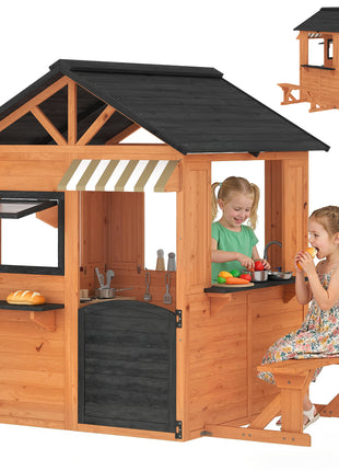 Wooden Kids Playhouse with Play Kitchen, Picnic Bench, Serving Station, Windows and Door for Backyard, Ages 3–8, Brown