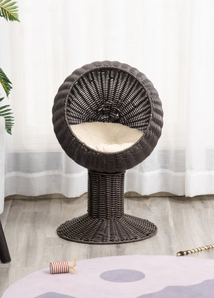 Elevated Cat Bed with Rotatable Egg Chair Pod, Cat Basket Bed with Thick Cushion, Natural Mat Grass Woven Kitty House, Coffee
