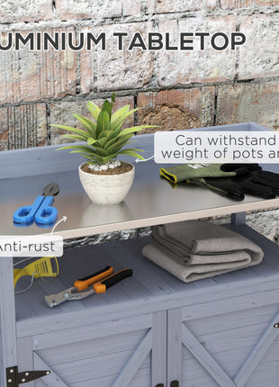 Outdoor Wooden Potting Bench with Storage Cabinet, Aluminum Tabletop, Rubber Wheels for Backyard, Patio, Balcony, Gray