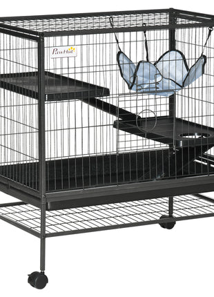 Small Animal Cage with Wheels, Pet Playpen for Rat, Syrian Hamster, Kitten, Ferrets, Chinchillas with Bottom Storage Shelf, Removable Tray, Ramp, 31.5" x 20.5" x 33.1"