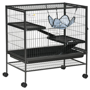 Small Animal Cage with Wheels, Pet Playpen for Rat, Syrian Hamster, Kitten, Ferrets, Chinchillas with Bottom Storage Shelf, Removable Tray, Ramp, 31.5" x 20.5" x 33.1"