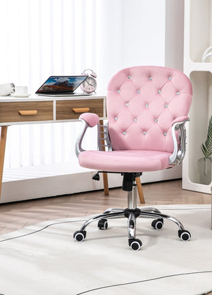 Button Tufted Desk Chair, Home Office Chair with Padded Armrests, Adjustable Height and Swivel Wheels, Pink