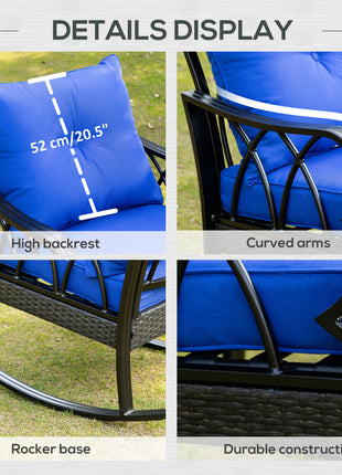 Outdoor Wicker Rocking Chair with Padded Cushions, Aluminum Furniture Rattan Porch Rocker Chair w/ Armrest for Garden, Patio, and Backyard, Blue