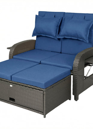 Patio Rattan Daybed, Wicker Outdoor Daybed with Storage Ottoman, Loveseat w/ Adjustable Backrest, Navy Blue