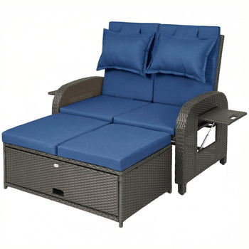 Patio Rattan Daybed, Wicker Outdoor Daybed with Storage Ottoman, Loveseat w/ Adjustable Backrest, Navy Blue