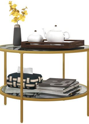 Side Table with Storage, 26" Round End Table, 2-Tier Tempered Glass Coffee Table with Steel Frame for Living Room, Gold