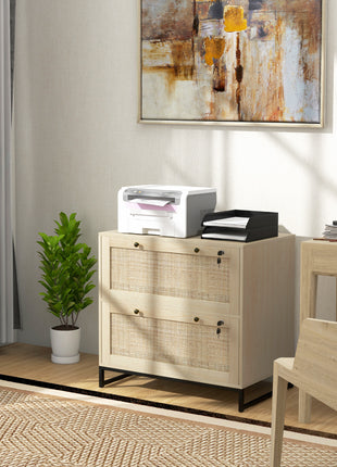 Lockable Filing Cabinet, Boho 2 Drawer File Cabinet with Adjustable Hanging Bar for Letter, A4 and Legal Size, Natural