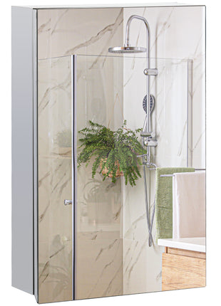 Wall Mounted Bathroom Medicine Cabinet Mirrored Cabinet with Hinged Door 3-Tier Storage Shelves Silver