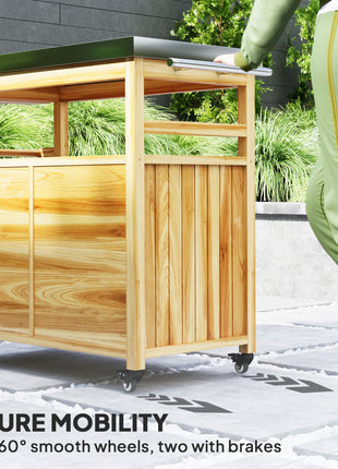 Outdoor Grill Cart w/ Stainless Steel Top, Solid Wood Outdoor Kitchen Island w/ Wheels, Storage Cabinets, Natural Wood