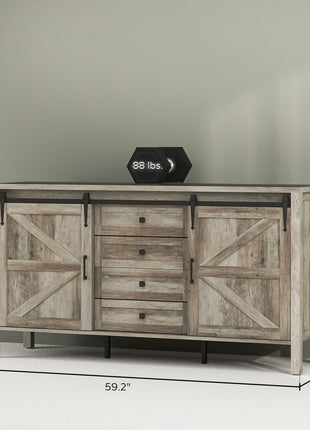 59" Buffet Cabinet, Farmhouse Sideboard with Thick Top, 2 Barn Doors, 4 Drawers and 2 Adjustable Shelves, Gray Wash