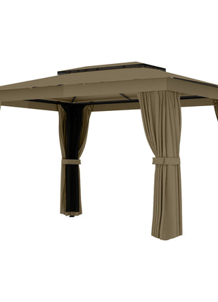 10' x 12' Outdoor Patio Gazebo, Soft Top Gazebo Canopy Shelter with Curtains, Netting, Steel Frame, Hooks, Khaki