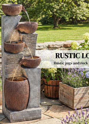 Outdoor Water Fountain with 5-Tier Crock Design, 51.2" Tall Cascading Waterfall Garden Fountain with LED Lights