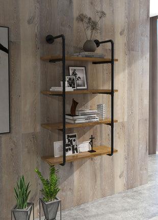 4-Tier Industrial Pipe Shelves Floating Wall Mounted Bookshelf, Metal Frame Display Rack, 1" Thickness Shelving Unit for Farmhouse, Kitchen, Bar, Rustic Brown