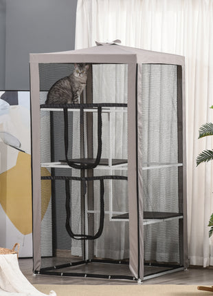 79"H Cat House Kitten Enclosure Mesh Playpen Steel Frame with 3 Platforms, 2 Doors and 4 Sandbags for Stability, Indoor/Outdoor