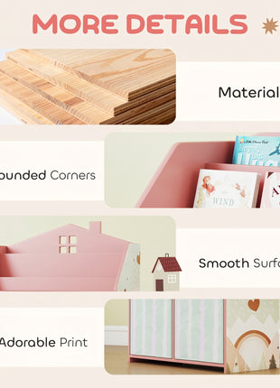 Kids Bookshelf with Storage, Toy Storage Unit with Book Display, Shelves and Fabric Drawers for Playroom Nursery, Pink