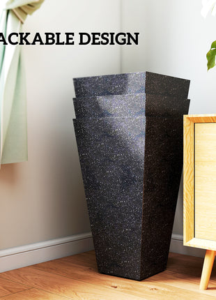 28" Tall Planters, Set of 3 Plastic Flower Pots with Marble Finish and Drainage Holes, Stackable Taper Planters, Black