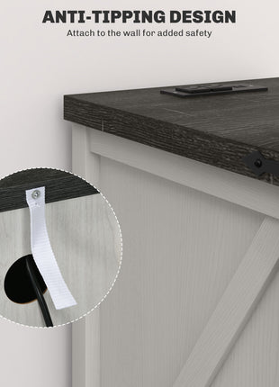 Farmhouse End Table with Storage, Side Table with Charging Station and USB Ports for Living Room, Distressed White