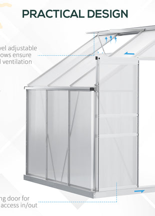 6' x 4' Aluminum Lean-to Greenhouse Polycarbonate Walk-in Garden Greenhouse with Adjustable Roof Vent, Rain Gutter and Sliding Door for Winter, Clear