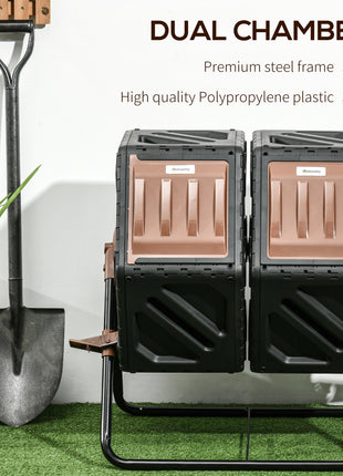 Dual Chamber Compost Tumbler Bin, Outdoor Tumbling Composter with 24 Ventilation Openings and Steel Legs, 34.5 Gallon