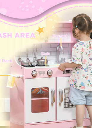 Pretend Play Kitchen, Kids Kitchen Playset with Play Phone, Chalkboard, Towel Rack & Ice Maker for 3-8 Years Pink