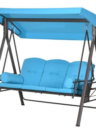 3-Seat Outdoor Porch Swing Chair with Adjustable Canopy, Cushion and Pillows for Garden, Poolside, Blue