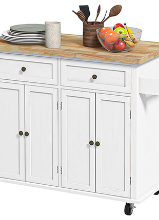 Modern Rolling Kitchen Island Cart with Spice Rack, Distressed White
