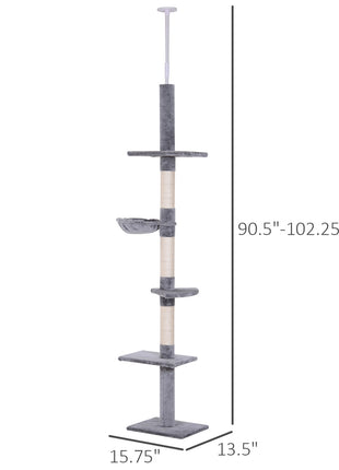 102" Adjustable Height Floor to Ceiling Cat Tree, 5 Level Cat Tower with Scratching Posts, Hammock, Gray